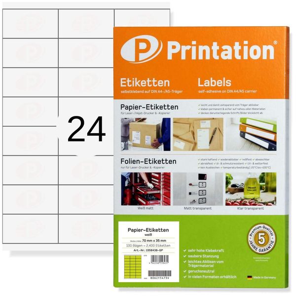 Printation Universal Etiketten 70 x 35 mm - 600 Etiketten selbstklebend bedruckbar 70x35 auf 25 DIN A4 Bogen zu 3x8-24 Labels/Sticker pro Blatt - Adressetiketten selbstklebend - 4429 3422 LA130
