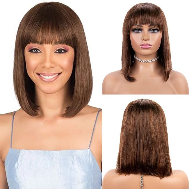 ISHINE Human Hair Wigs for Black Women, Short Bob Straight Hair Wigs with Bangs, Brazilian Human Hair 130% Density, Dark Brown Wig None Lace Front Wigs Glueless Wigs