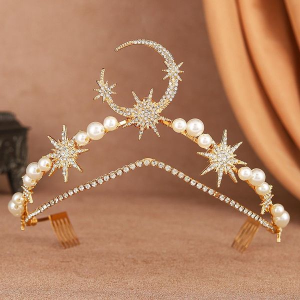 Yean Moon Star Wedding Headband Gold Rhinestone Pearl Headpiece Crystal Bridal Hair Accessories for Women and Girls