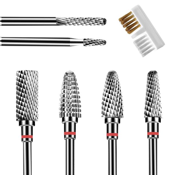 6Pcs Nail Drill Bits Set Professional, 3/32'' Electric Nail Drill Bits for Acrylic Gel Nails, Cuticle Nail Drill Bit Quick Gel Polish Remover Manicure Pedicure Tools with Cleaning Brush (Red)