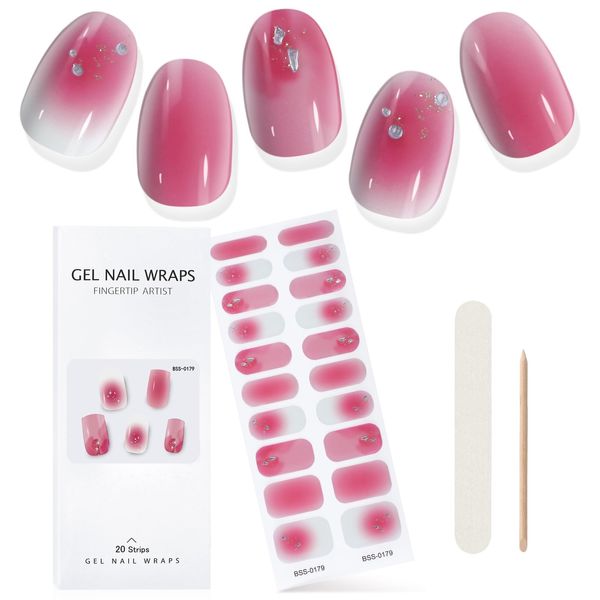 EBANKU Cured Gel Nail Strips, Pink Flash Gel Nail Strips Long Lasting Waterproof Real Nail Polish Strips Wraps Stickers with Cuticle Stick, Nail File, Nail Wipes