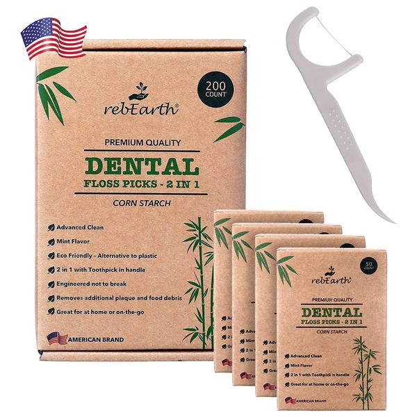 rebEarth Natural Dental Floss Picks - Oral Care Dental Pick w/Mint Flavored Toothpicks, 2-in-1 Natural Floss & Toothpicks, Plant-Based Dental Flossers, Tooth Floss Picks w/Tongue Cleaner (200 Count)