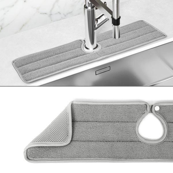 Winter Shore Grey Absorbent Sink Mat - Kitchen Faucet Water Absorbent Mat with Button Lock - Wrap-Around Cover for Sink Faucet - Machine Washable, Quick-Drying Sink Splash Guard - 600 x 145 x 10mm