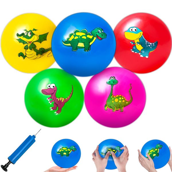 Hymaz 9 Inch 5 Pcs Bouncy Balls for Toddlers, Rubber Inflatable Bouncy Balls for Kids Ball Games, Soft Dinosaurs Sensory Balls with Pump for Indoor Outdoor Beach Playground Backyard Pool Class Games