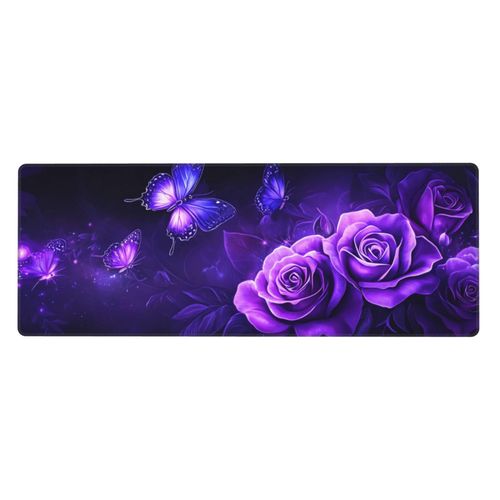 Purple Roses and Butterflies Gaming Mouse Pad, Large Non-Slip Rubber Base Mousepad XL 31.5x11.8in, Keyboard Mouse Mat, Desk Pad with Stitched Edges for Gamer Home&Office