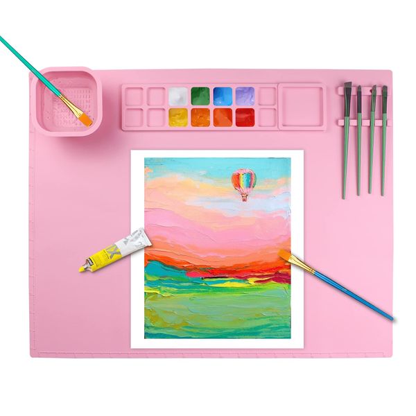 Queceuy Silicone Painting Mat，20"X16"Silicone Art mat with 1 Water Cup ，Handmade erasable Washable，for Resin, DIY, Clay, Play Doh Silicone Drawing mat for Children（Pink）