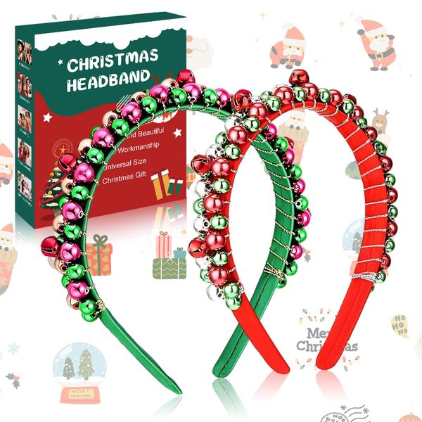 Ganbaro Christmas Headband, Christmas Hair Accessories, Christmas Headbands for Adults, Christmas Headband with Bell, Christmas Party, Holiday Metal Fabric Jingle Bells Headband, 2 Pcs