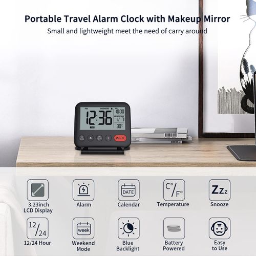 NOKLEAD Digital Travel Alarm Clock for Bedroom Office - 3.14 inch Display, 10s Backlight, 9 Mins Snooze, 12/24H, Weekend Mode, Date and Temp, Battery Include (Black)