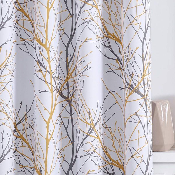 FMFUNCTEX Yellow-White Curtains for Living Room Bedroom 63" Grey Branch Print Curtains Half Blackout Window Curtain Panels with Liner 50”w Grommet Top 2 Pack