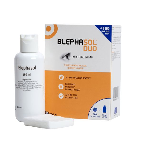 THEA PHARMA Blephasol Duo 100ml Eyelid Cleansing Micellar Lotion with 100 Cotton Pads for Daily Eyes Care | Preservatives Free | Suitable for Contact Lens Wearers