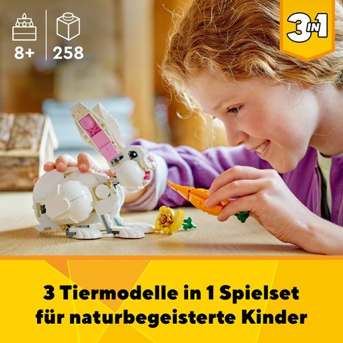 LEGO 31133 Creator 3-in-1 White Rabbit Animal Toy Set with Rabbit, Seal and Parrot Figures, Building Block Construction Toy for Children from 8 Years