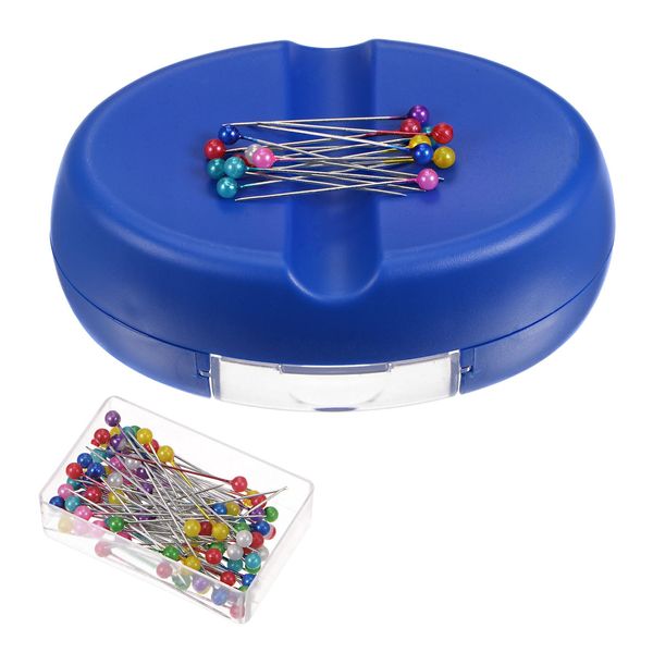 sourcing map Magnetic Pin Cushion with 100pcs Multicolor Plastic Head Pins, Magnetic Pins Holder with Drawer, for Sewing Quilting Needles Pins Hair Bobby Pins, Navy Blue