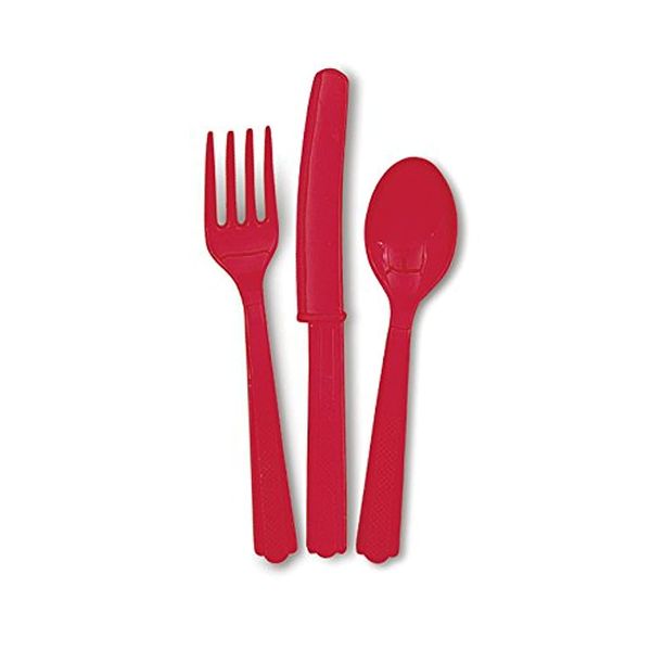 Unique Industries Ruby Red Plastic Silverware Set for 6 Guests (18 Pieces), 18ct