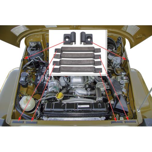 Land Cruiser FJ40, FJ45 Hood Pad Cushion Kit - Rubber - 4ea Front & 2ea Side