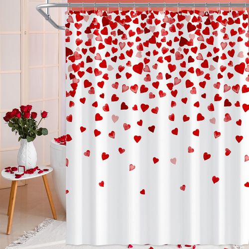 YIDAKO 71 x 71 Inches Valentines Day Shower Curtain Top with Pink and Red Love Heart Romantic Bathroom Curtain Waterproof Polyester Curtain Hooks Set for Valentine's Day Bathroom Decorations