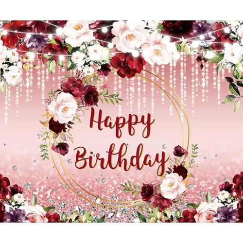 ZJRBJB 10x8ft Floral Happy Birthday Backdrop for Women Glitter Bokeh Watercolor Burgundy Flowers Birthday Photography Background for 40th 50th 60th Birthday Party Proposal Decoration Supplies