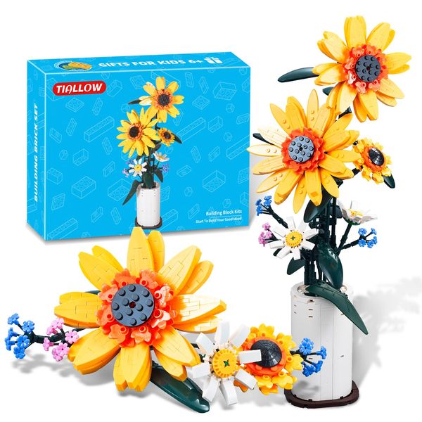 TIALLOW Sunflower Building Block Flower Set with Vase, Bouquet Decoration Adorned with Daisies, Suitable for Teens and Adults, Ideal Birthday for Girls and Boys (821 Pieces)