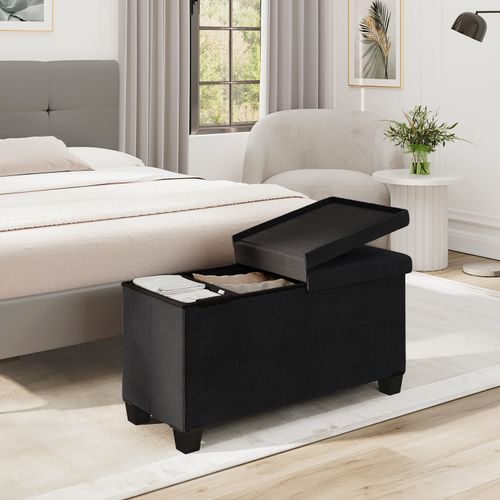 Folding Storage Ottoman Bench for Bedroom or Living Room - Linen Fabric with Storage Bins, End of Bed Foot Rest, Holds Up To 660lbs