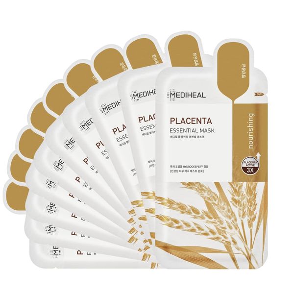 Mediheal Beste koreanische Tuchmaske - Placenta Essential Gesichtsmaske 10 Blatt für Anti-Aging, koreanische Verjüngungsmaske, ultra-nährende, strahlende Hautbehandlung