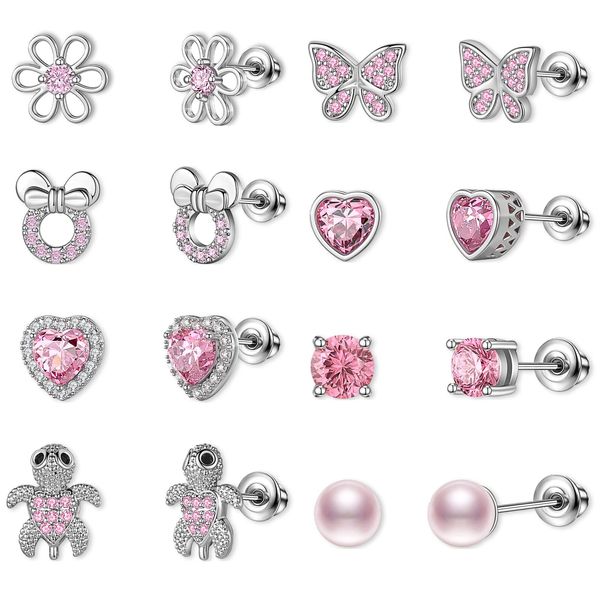 TOPBRIGHT 8 Pairs Hypoallergenic Earrings 925 Sterling Silver Stud Earrings Heart CZ Tiny Butterfly For Kids, Toddlers, Little Girls, Teens, Women