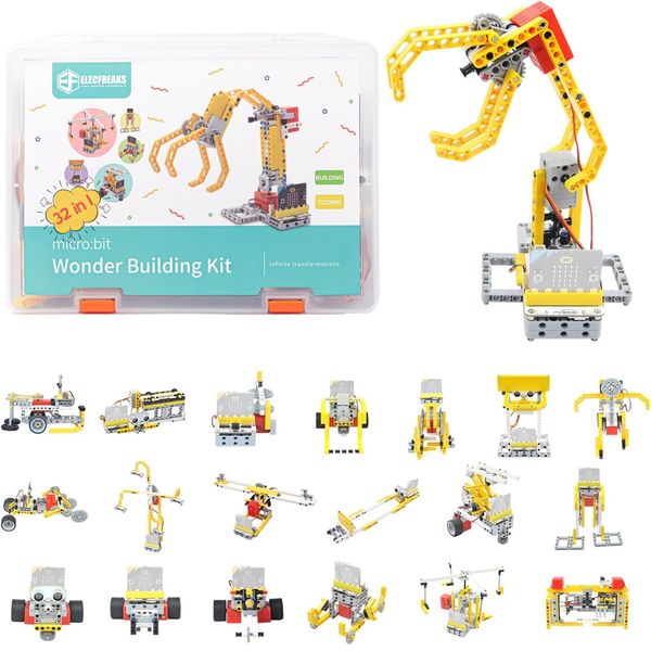 ELECFREAKS microbit 32 in 1 Wonder Building Bricks Coding Kit, Programmable STEM Educational Learning Kit with 400+ Building Blocks/Sensors/Wukong Expansion Board(without Micro:bit)
