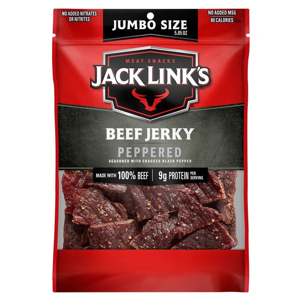 Jack Link's Beef Jerky, Peppered, Sharing Size Bag – Meat Snack with 9g of Protein & 80 Calories, Made with Premium Beef, No added MSG** or Nitrates/Nitrites, 5.85oz