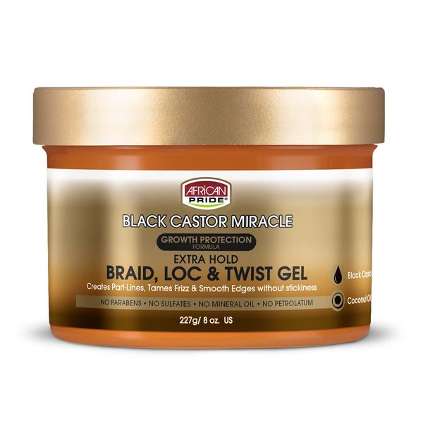 African Pride Black Castor Miracle Extra Hold Braid, Loc, Twist Gel, Tames Frizz & Edges, Paraben, Sulfate, Mineral Oil and Petrolatum Free, Contains Black Castor & Coconut Oil, 227g/8oz