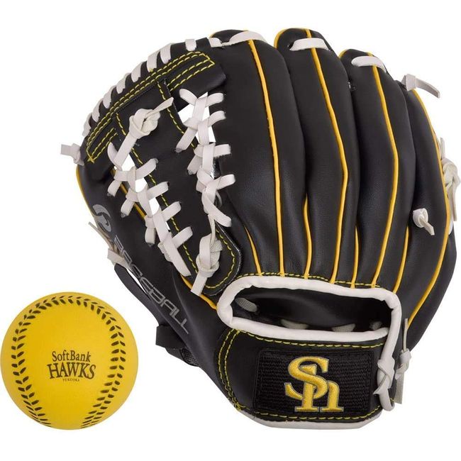 Fukuoka Softbank Hawks x GP 36880 Baseball Gloves for Kids, Soft Ball Included, 9 Inches, Black, Left Throw