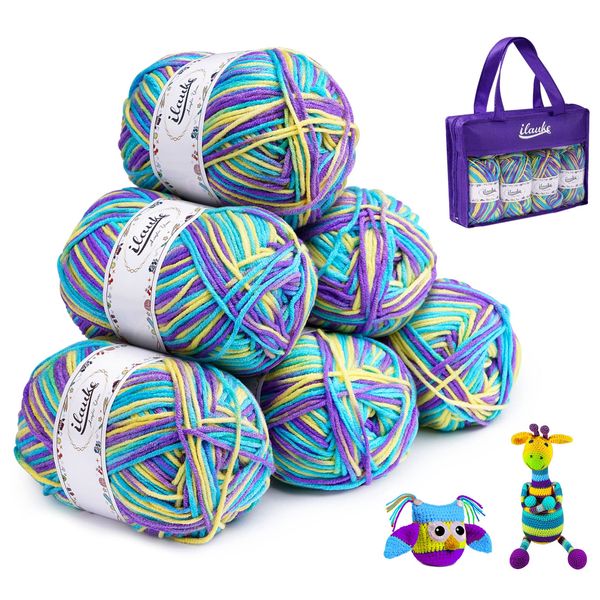 ilauke Knitting Wool Yarn for Crochet (6 X 50g, 4-Ply), Double Knitting Wool Crochet Yarn Balls, Acrylic Yarn with Carrying Bag, Crochet Thread for DIY Knitting Crafts