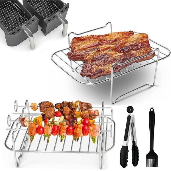 2 Pcs Air Fryer Rack for Ninja Dual Air Fryer, 8 pcs Air Fryer Accessories,Stainless Steel Air Fryer Dual Layer Rack with 4 Grill Sticks, 1 Grill Brush, 1 BBQ Clip