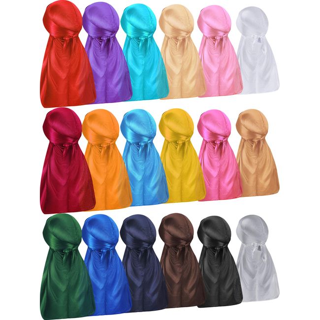 18 Pieces Silky Durags Long Tail Headwrap Durag Wide Strap Satin Durag Cap for Men and Women (Mixed Color)