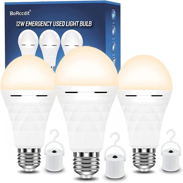 BoRccdit A19 Rechargeable Light Bulbs, 12W 60W Equivalent Rechargeable Emergency Light Bulbs, 1200mAh Battery Light Bulb for Power Failure，Warm White