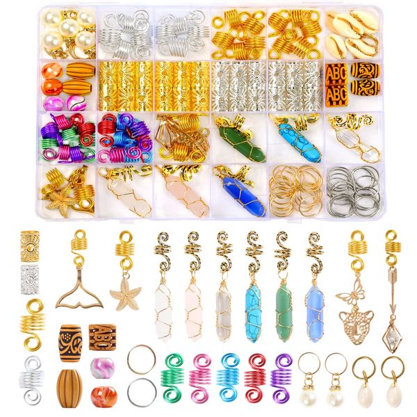 Leeven 129 Pcs Crystal Wire Wrapped Wrapped Adornment Dreadlock Charms Clip Imitation Wood Beads Braid Accessories Hair Jewelry for Butterfly Locs