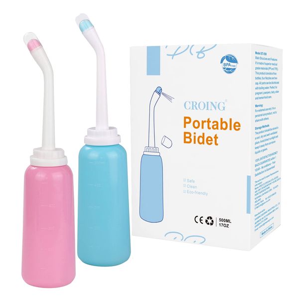 CROING 𝙋𝙤𝙧𝙩𝙖𝙗𝙡𝙚 𝘽𝙞𝙙𝙚𝙩 - 2PCS Portable Bidet - Squeeze Momwasher Bottle 500ml 17oz - Portable Shower-Travel Bidet Toilet Bottle for Adult Women,Postpartum Care,Hemorrhoids