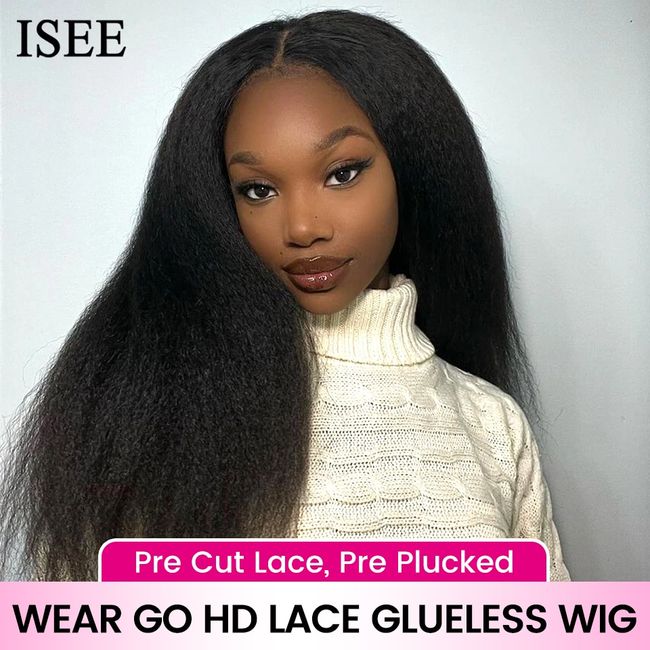 ISEE Hair Wear Go Wig Mongolian Kinky Straight Human Hair Real HD Glueless Lace Front Wig Pre-Cut Lace No Glue New Air Wig Yaki
