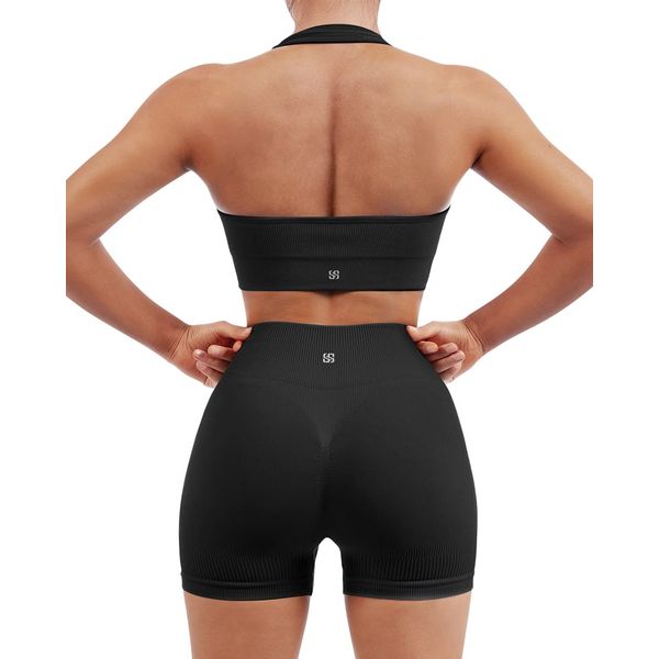 SUUKSESS Women Two Piece Seamless Ribbed Workout Sets Outfits Backless Halter Sports Bra Booty Biker Shorts (Black, S)