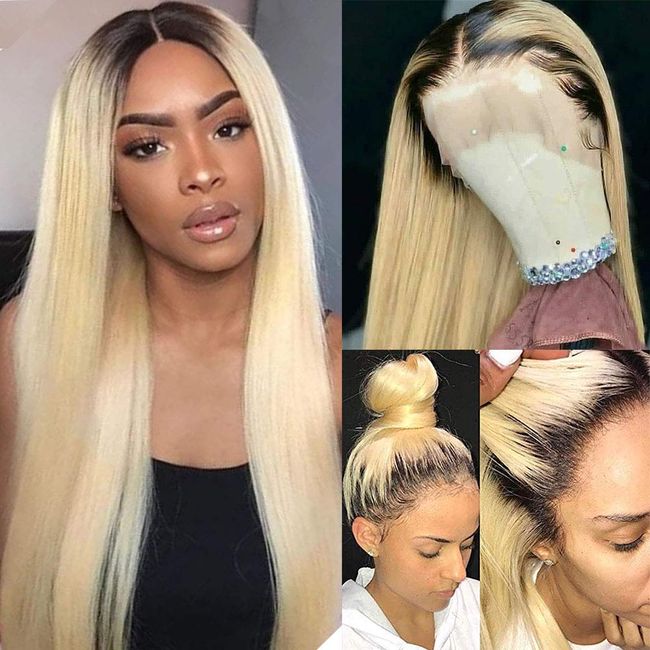  Ombre Blonde Dark Roots Lace Front Wigs 13x4 Free Part  Straight Human Hair Wig Full Ends 28 Inch 150% Density 2 Tone Brazilian  Virgin Lace Frontal Wigs Pre plucked Natural