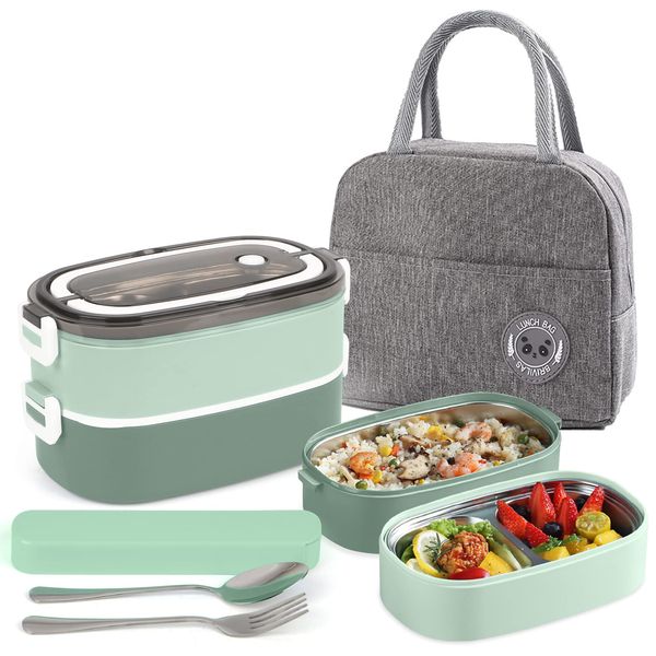 UHAPEER 2 Tier Lunch Box Bento Box with 3 Compartments & Cutlery, Leakproof Bento Lunch Box for Adult Kids, Food Storage Portable Lunch Box with Lunch Bag for Work School