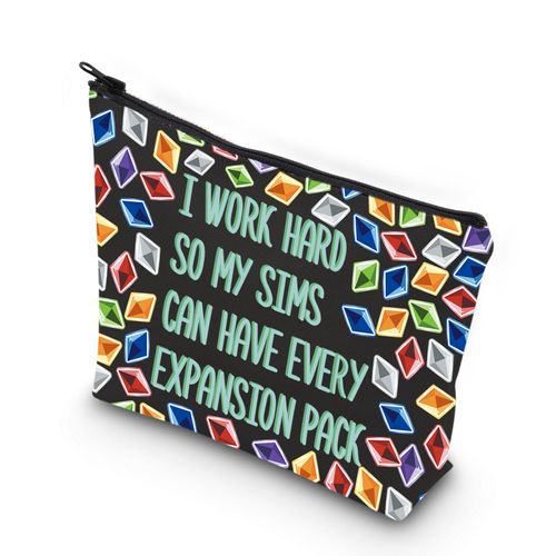 KUIYAI Video Game Gift Sim Game Gift Funny Gaming Zipper Pouch Sims 4 Plumbob Pattern Makeup Bag For Gamer (i work hard)