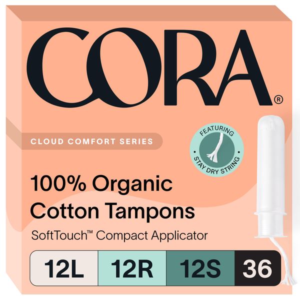 Cora Organic Applicator Tampon Multipack | 12 Light, 12 Regular, 12 Super Absorbency | 100% Organic Cotton, Unscented, Plant-Based Compact Applicator | Leak Protection | Packaging May Vary | 36 Total