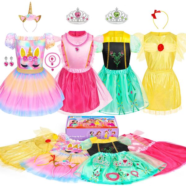 Teuevayl Princess Dress Up Costume for Little Girls, Kids' Dress Up Pretend Play Clothes Girls Dress Up Trunk with Princess Dresses Crown, Princess Toys Gift for Little Girls Age 3-6 Years