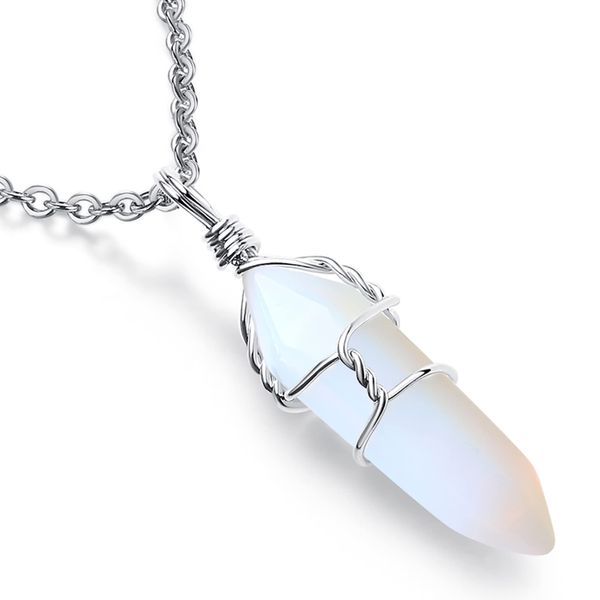 XIANNVXI Healing Crystals Hexagonal Stones Necklaces Reiki Spiritual Natural Gemstone Quartz Point Wire Wrapped Jewelry for Women Men (White - Opal)