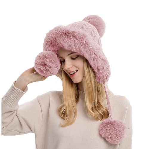 YAMEE Winter Hat Women's Warm Knitted Hat Winter Ski Hat Plush Hats Women's Hat Headgear Plush Velvet Cap for Skiing Cycling, pink