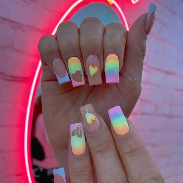 24pcs French Tip False Nails Short Square, Rainbow Press on Nails Heart Design Stick on Nails Removable Glue-on Nails Full Cover Fake Nails Women Girls Nail Art Accessories