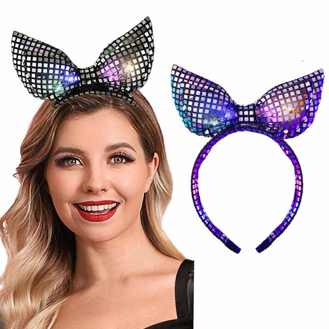 Catery Light Up Headband Sequin Bow Headbands Sparkle Bunny Ears Shiny Bowknot Hairband Disco Party Rave Hair Accessories for Women and Girls