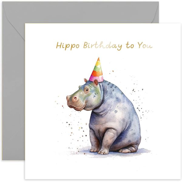 Old English Co. Hippo Birthday Card for Her - Fun Hippo Party Hat Birthday Card for Mum, Dad, Daughter, Son - Gold Foil Birthday Card for Women and Men | Blank Inside with Envelope