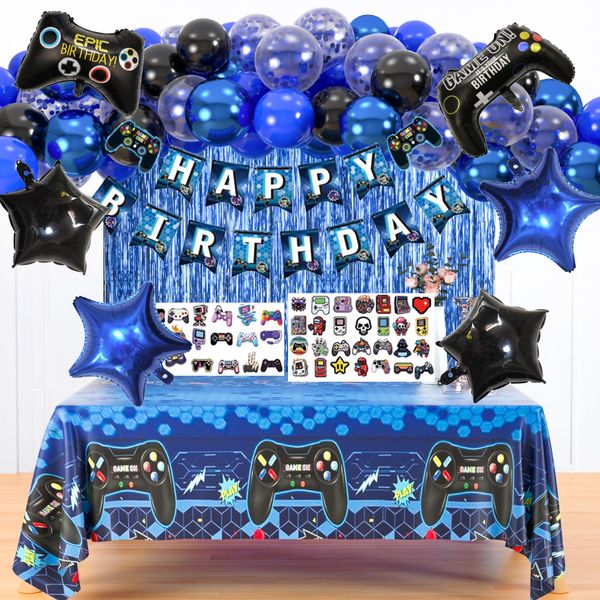 184pcs Video Game Birthday Party Decorations for Boys, Gamer Birthday Party Favors with Happy Birthday Banner, Curtains Backdrop, Tablecloth, Balloons, Foil Gaming Balloons, Stickers(Blue）