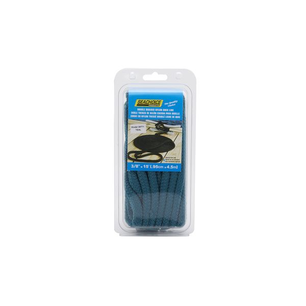 Seachoice Double-Braid Nylon Dock Line w/Eye Splice, Pre-Shrunk, Heat Stabilized, 3/8 in. X 15 Ft., Teal Green