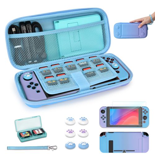 Younik Switch Case for Switch 2017, Portable Switch Carrying Case, 14 in 1 Accessories Kit with Switch Case, Screen Protector, Thumb Grip Cap, Card Case and Strap (Blue and Purple, Button Pattern)