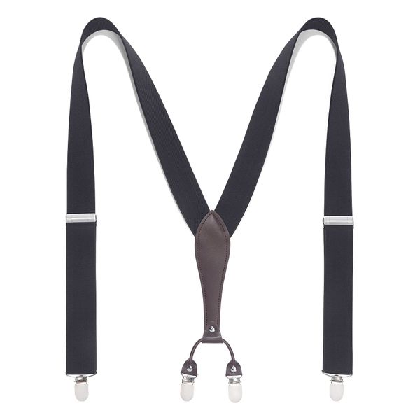 HISDERN Adjustable Elastic Suspenders, Y-Back, 1.4 inches (35 mm), Gift Box Included, 6 Clips, Holds Well, Present - 05 black (improved)